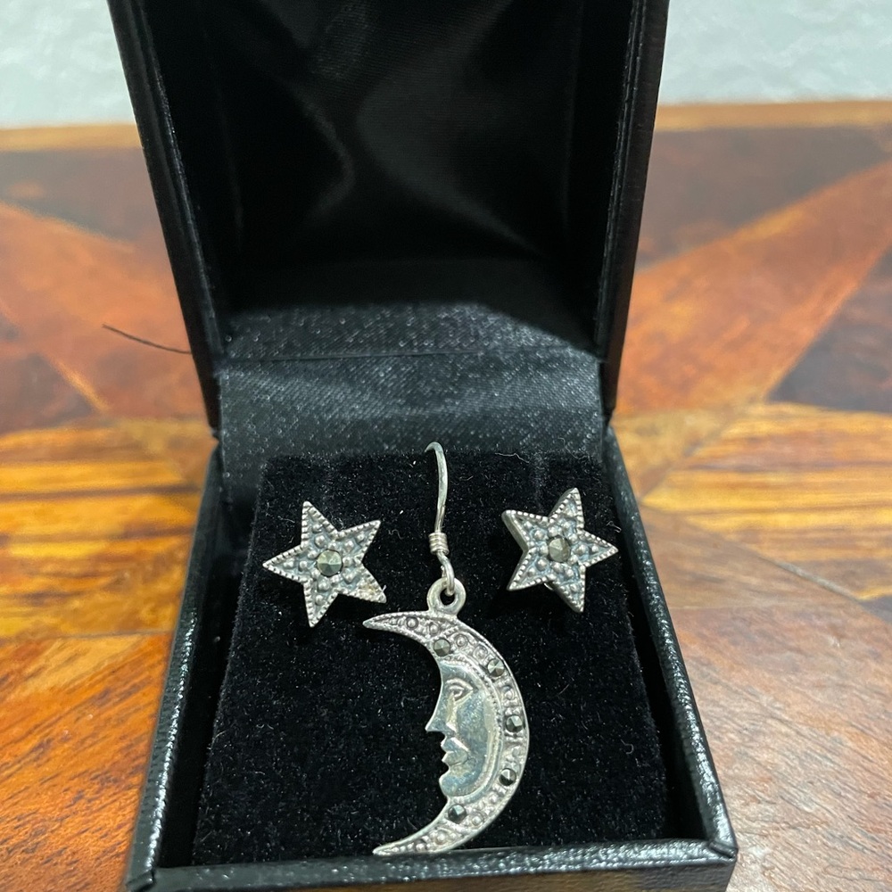 Vintage Sterling Silver Marcasite Stars and Moon Earring Set